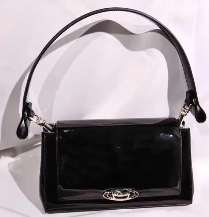 

New Design Pink Box Bag Female Saturn Shoulder Bags Texture Patent Leather All-Match Underarm Bag, Black
