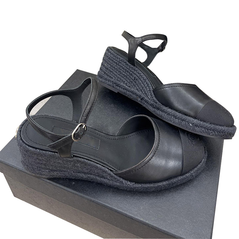 

Womens Slingbacks Sandals Wedge Heels Sheepskin Straw Dress Shoes Designer Adjustable Ankle Buckle Slippers Classic Khaki Retro Black Wedding Summer Ladies Mules, Shoes box