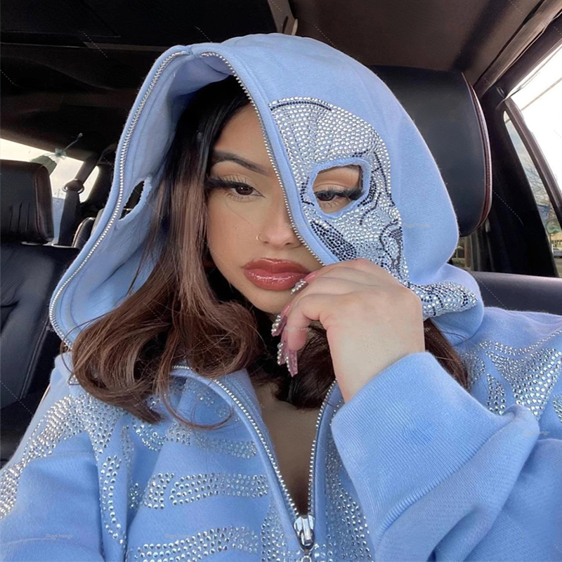 

Womens Y2k Fashion Hoodie Skull Rhinestone Zip Up Hoodie grunge Women's Oversized Sweatshirt Punk Harajuku Long Sleeve Outerwear, Blue
