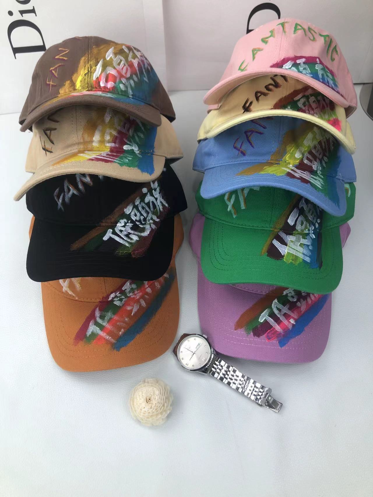 

Hand-painted Color Baseball Caps Letter Cotton Curved Eaves Soft Top Sunhats, Aspic
