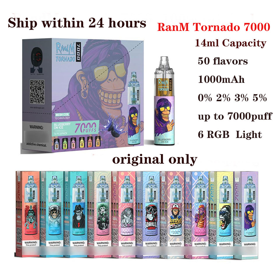 

Authentic RandM Tornado 7000 Puff Vape kits disposable vape e cigarettes 0% 2% 3% 5% 14ml Pod With Mesh Coil Air Flow chontrol Rechargeable smoking flex vapor, Tell us your flavors