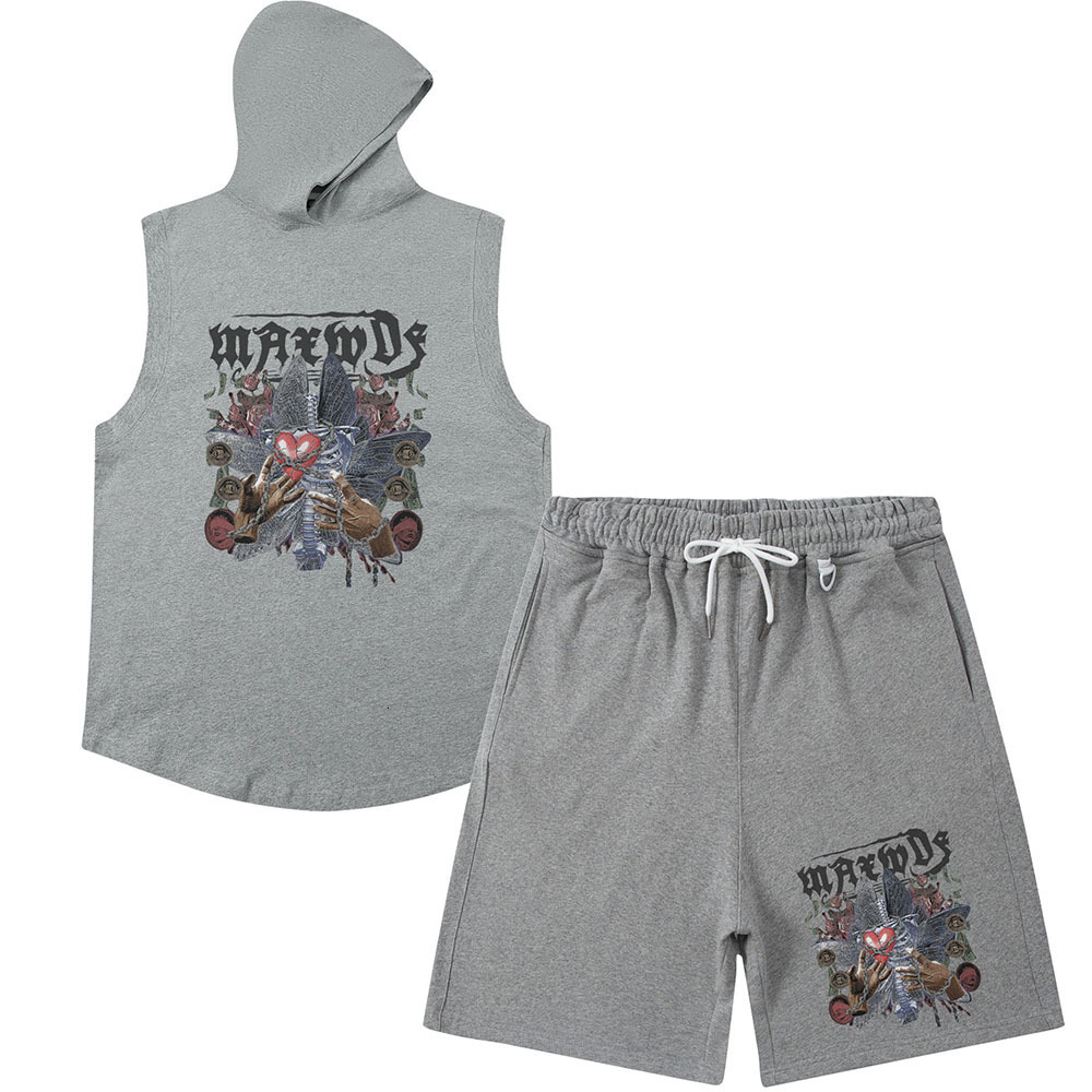 

Men s Tracksuits Streetwear Sleeveless Hooded Vest and Summer Shorts Sets for Men Retro Oversized Casual Y2K Loose Hip Hop Set Clothes 230408, Gray