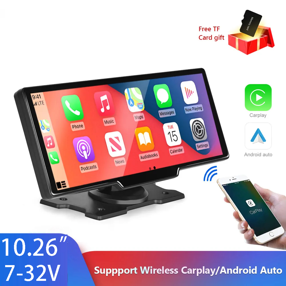 Large 10.26 inch Car Video Monitor Portable DVR Wireless CarPlay Navigation for All Cars Touch Screen Control Androidauto HD Front and Backup Cam-image-813658818