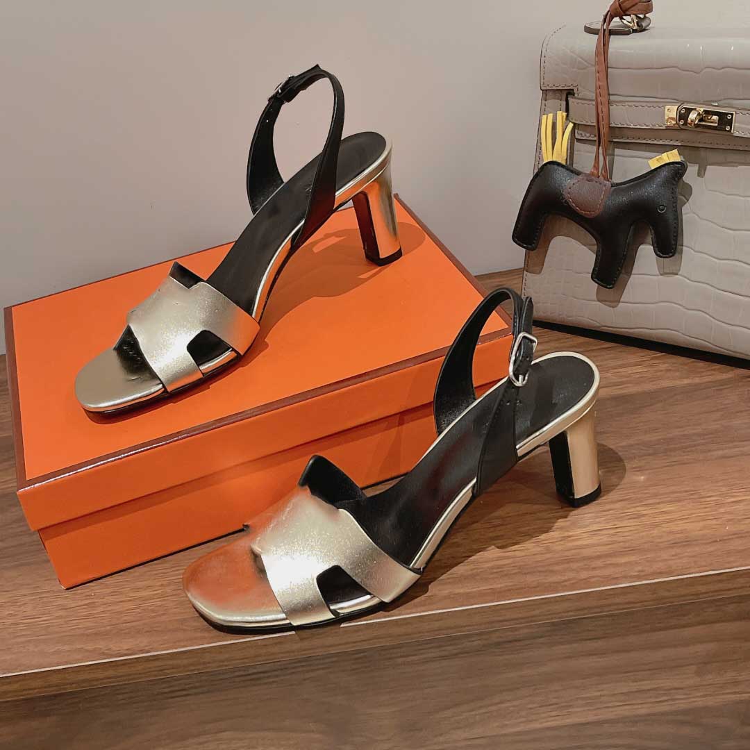 

23ss Designer high heel dress shoes open toes sandals party sexy 7.5cm chunky heeled leather sandal