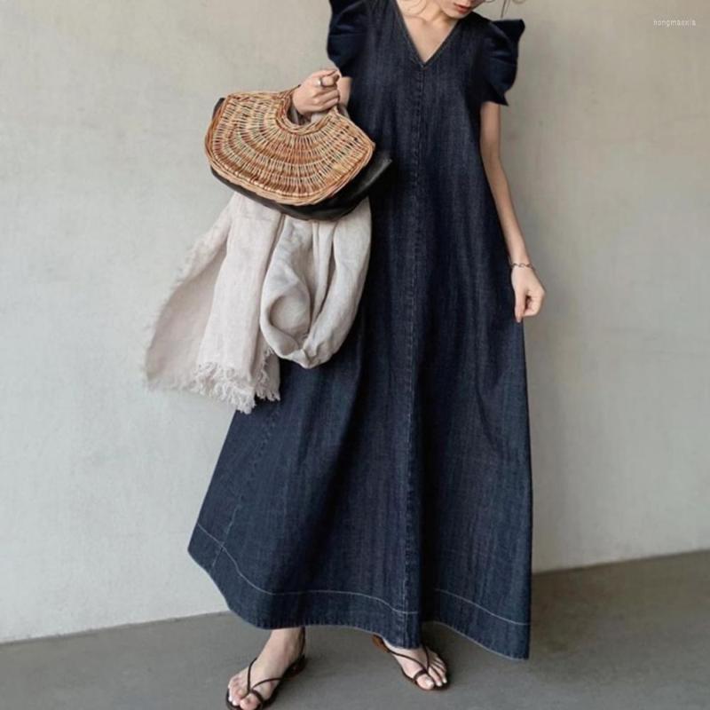 

Casual Dresses Denim For Women 2023 Summer V Neck Free Size Korean Cap Sleeve Fashion Swing Female Woman Clothes Maxi Dress, Navy blue