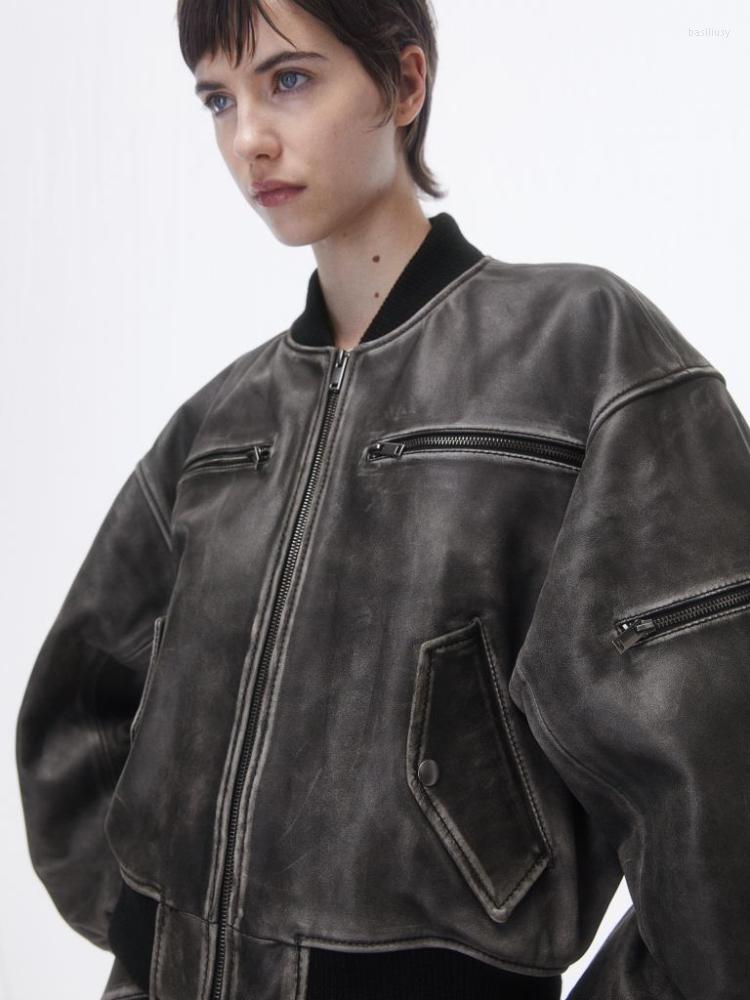 

Women' Leather RR2495 Streetwear Worn Effect PU Jackets Womens Short Cropped Bomber Women Black Faux Coats