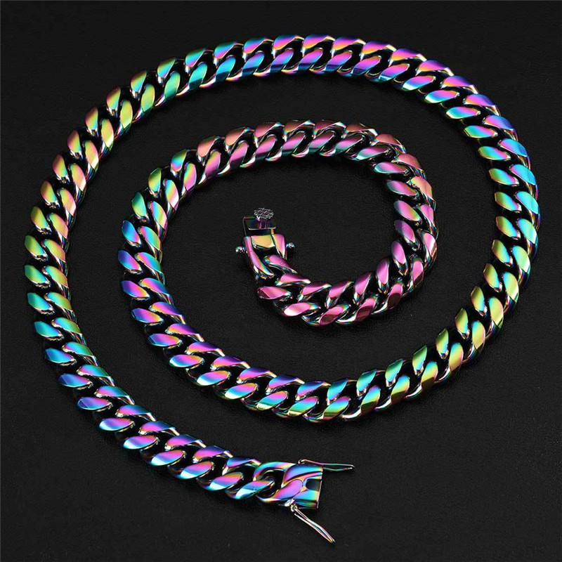 

Trendy Hiphop Jewelry Colorful Miami Cuban Chain for Man Designer Necklace Bracelet Stainless Steel Chains Necklaces South American Mens Bracelets Chokers 7-12mm