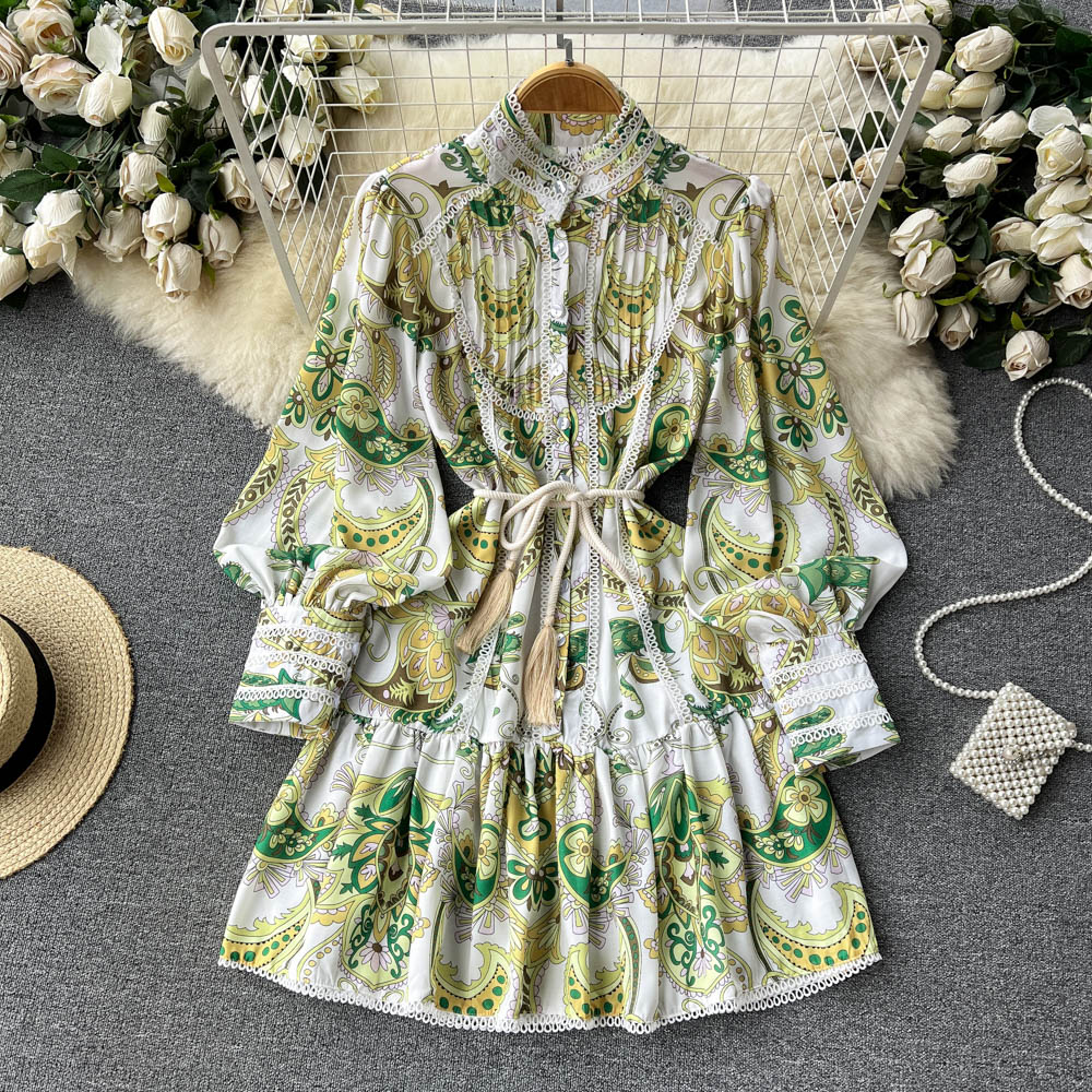 

2023 Casual Dresses Runway Floral Print Mini Dress Women Stand Single Breasted Long Lantern Sleeve Ruffles Tassel Trims Vintage Party Vestidos, Same as picture