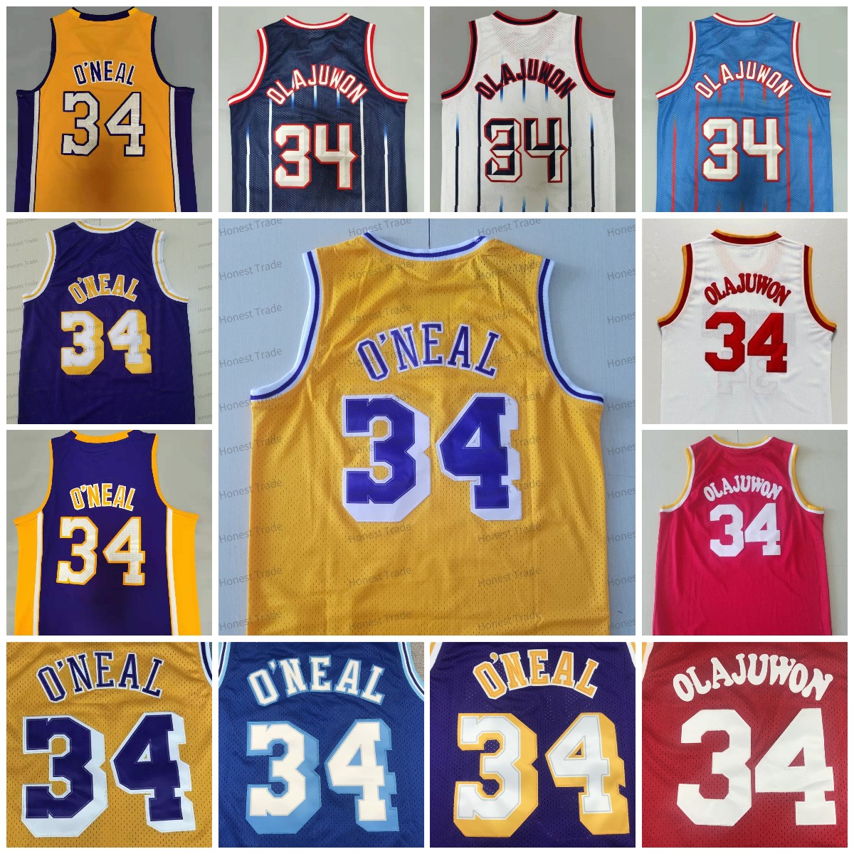 Retro Jersey Hakeem Olajuwon 34 Shaquille ONeal Throwback Jersey White Yellow Purple Red All Stitched Mens Jerseys Classics 1996-97 1999-2000