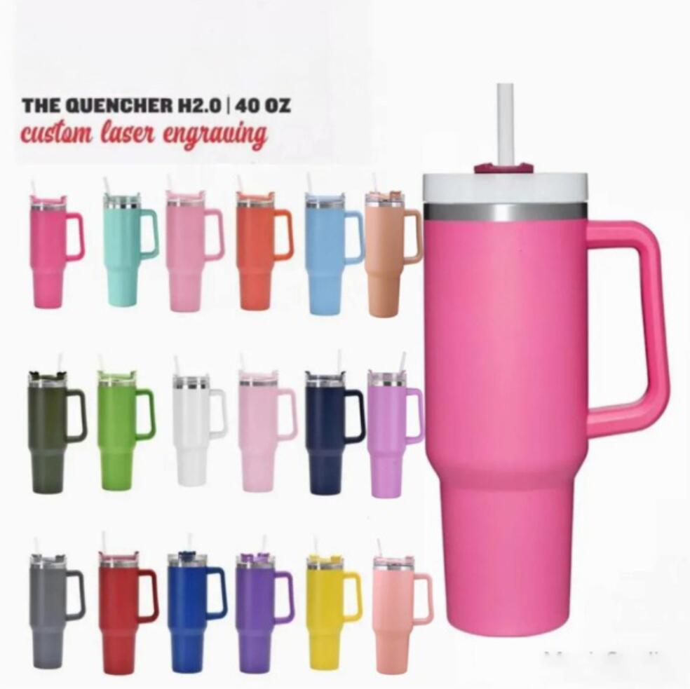 1PC US STOCK 40oz Rose vif en acier inoxydable culbute avec poignée colorée et paille réutilisable isolé voyage gobelet grande capacité bouteille