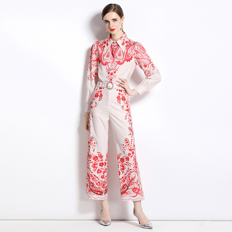 

Women Two Piece Pants Baroque Floral Outfits 2023 Long Sleeve Blouse and Pant Retro Print Woman Designer 2 Piece Sets Sweet Chic Vacation Party White Set With Belts, Green