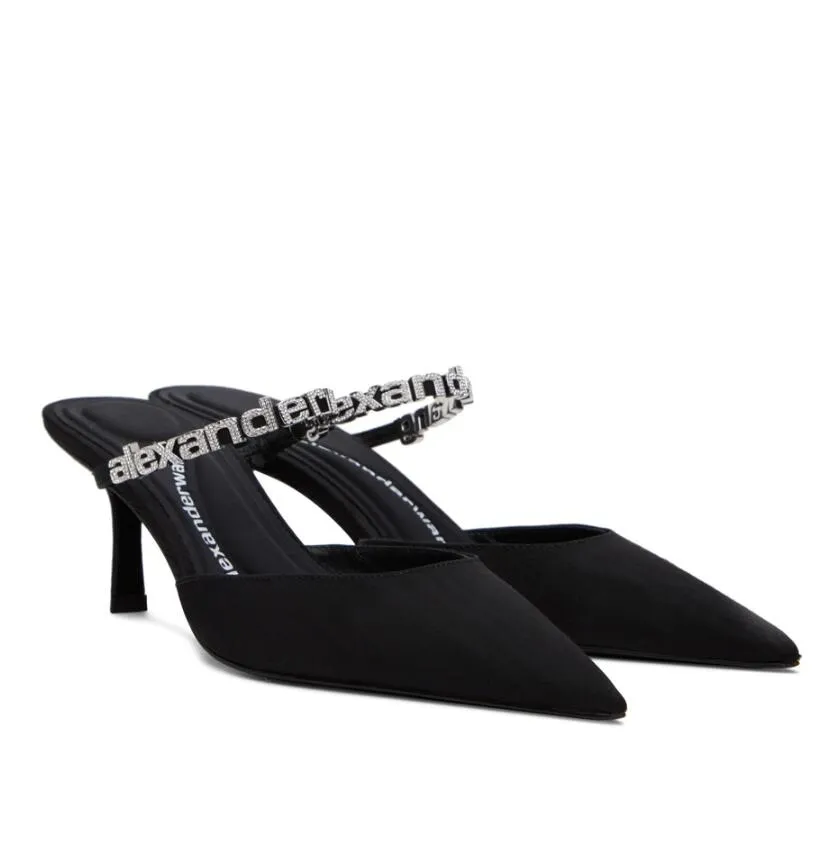 

Elegant Brand Summer Wang Delphine Sandals Shoes Women Black Pointed toe Slingback Crystal Branding Around Ankles Straps High Heels EU35-40