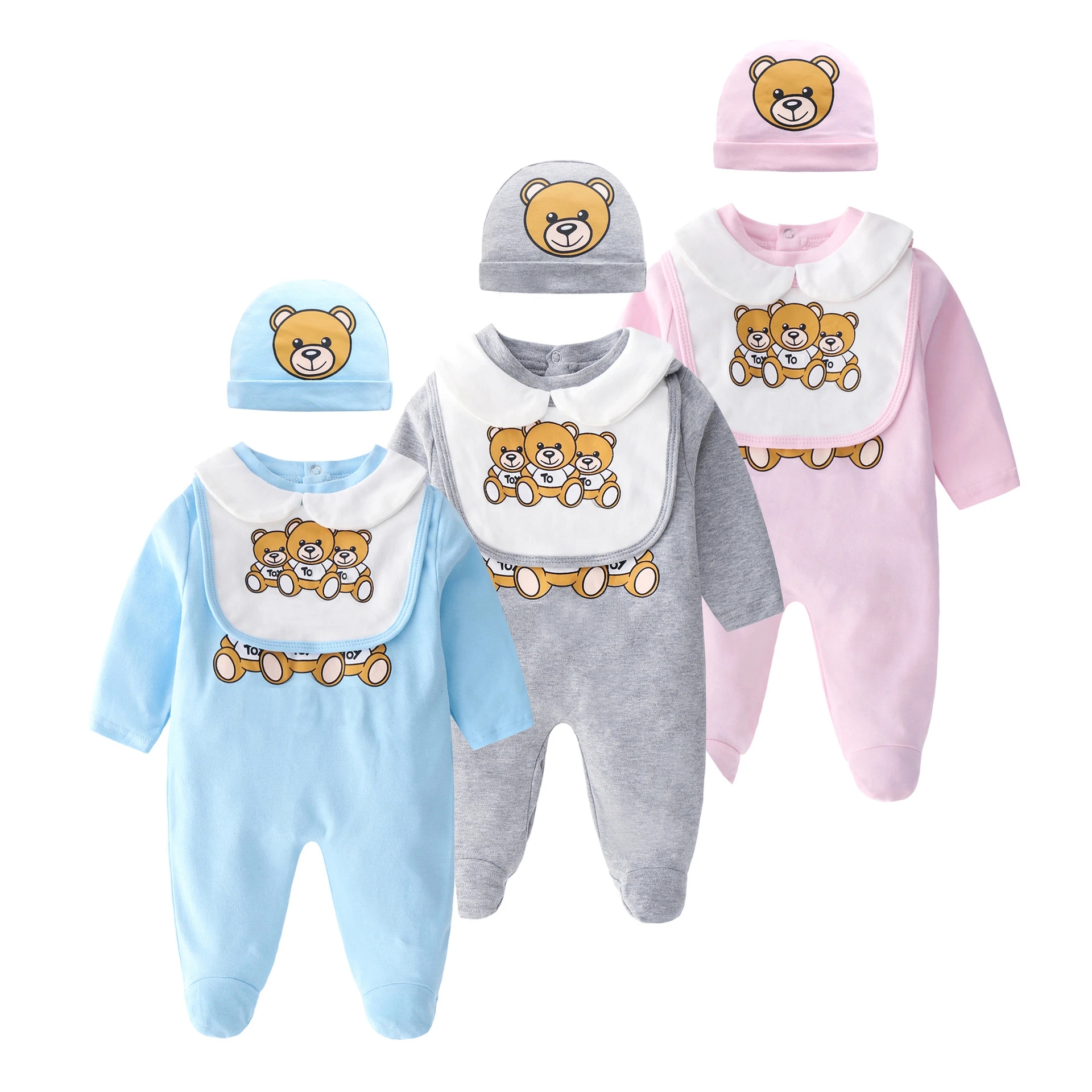 Cute Bear Jumpsuit Newborns Autumn Clothes New Soft Bib scarf Hat Toddler Romper Sets Baby Long sleeves Bodysuits