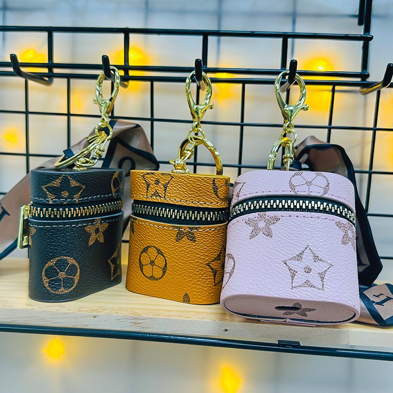 

Portable Earphone Case Keychains Rings, Fashion Design Brown Flower Earbud Holder, Gold Metal Wireless Headphone Storage Bag Keyrings Jewelry Accessories