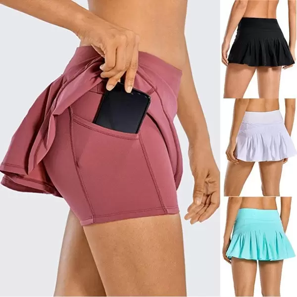 

Ms tennis skirt pleated skirt women running fitness yoga golf trousers waist pocket zipper elastic women running shorts stretch yoga training clothes skirt, Black