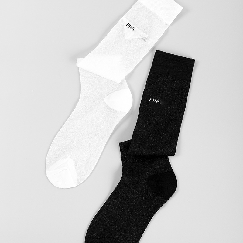

Luxury Designer Pra Transparent Calf Socks Women's Spring Summer Handmade Socks Black WHite Solid Glass Silk Stockings Ladies