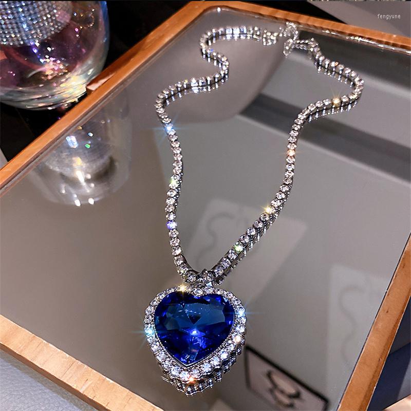 

Pendant Necklaces FYUAN Blue Heart Crystal For Women Long Chain Statement Jewelry