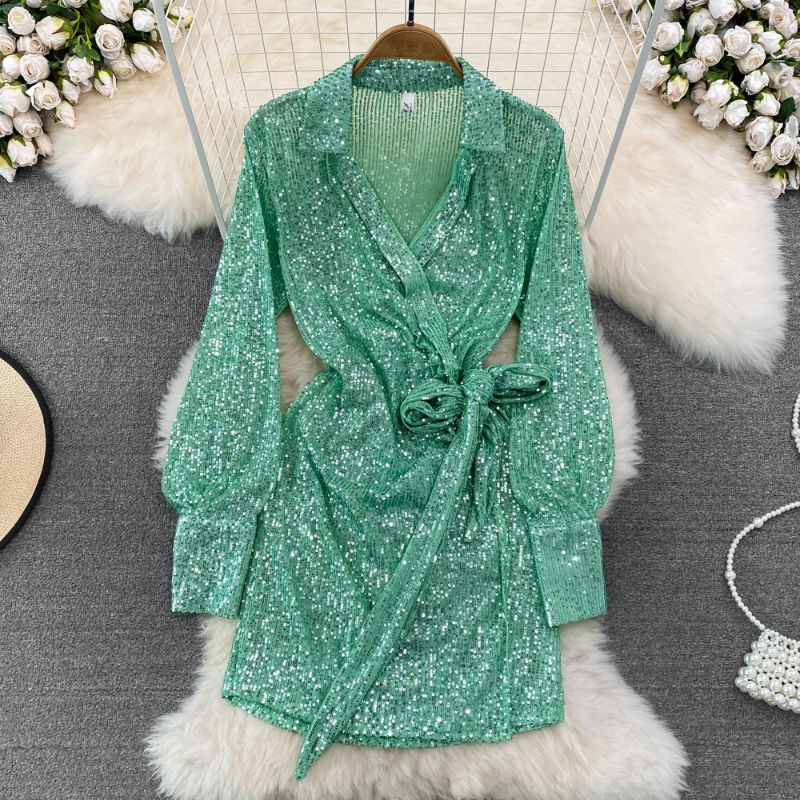 

2023 Casual Dresses Sequined Women Dresses Long Sleeve Bandage Solid Vintage Bow Vestidos Mujer Korean Spring Autumn Mini Dress Sexy, Same as picture