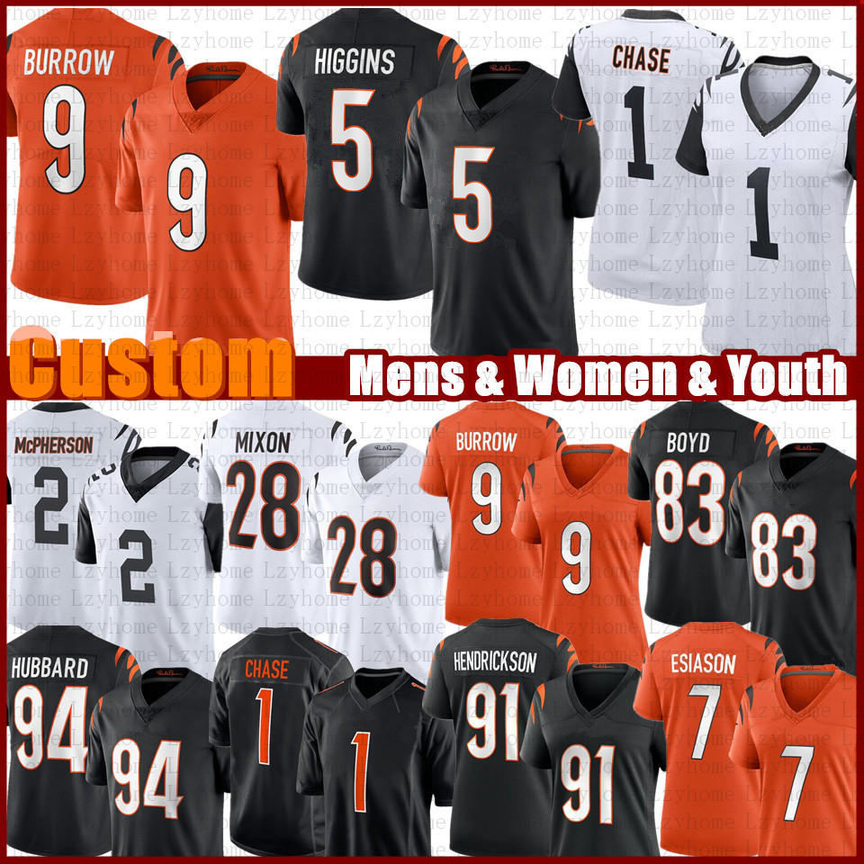 

Joe Burrow 5 Tee Higgins Custom Football Jersey JaMarr Chase Evan McPherson Sam Hubbard Mixon Tyler Boyd Logan Wilson Germaine Pratt Trey Hendrickson Chidobe Awuzie, Women