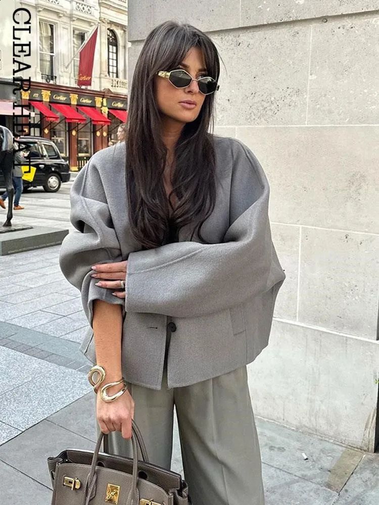 Women's Jackets Female Fashion Grey V Neck Open Stitch Coats Casual Loose Long Sleeve Cropped 2023 Autumn Women High Street Outerwear 231109Z