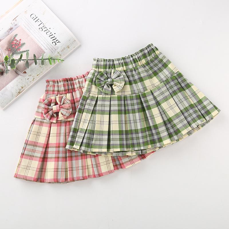 

Skirts Four Seasons Girls Anti-glare Safety A-line Children Japanese Plaid Pleated Uniform Bowtie Skirt