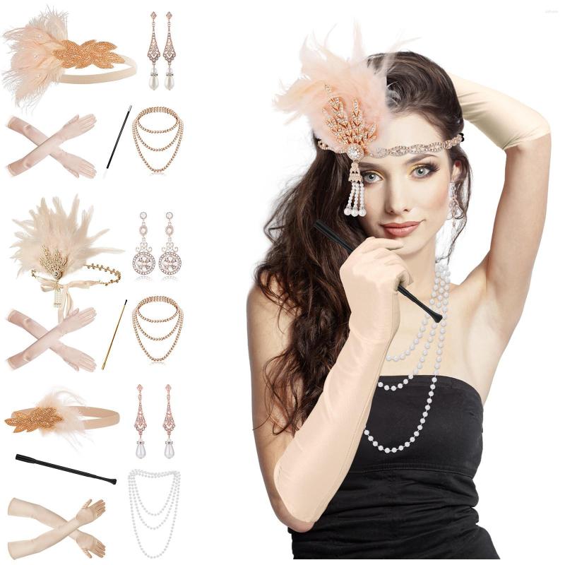 

Necklace Earrings Set Women Vintage Gatsby Feather Headband Flapper 1920s Costume Accessories Cigarette Holder Pearl Earring Gloves Sets, Picture shown