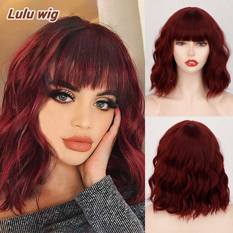 

Synthetic Wigs Short Bob for Women Wavy with Bangs Wine Red Heat Resistant Fiber Cosplay hair 230410, #4