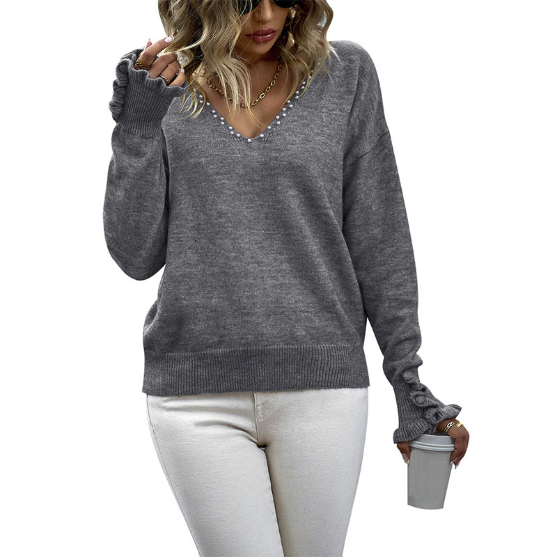 

V Neck Knitted Women's Knits & Tees Paneled Shirt Loose Pullover Tops with Drop Shoulders Pearls Neckline Ruffles Cuff Long Sleeves Early Spring, Gray