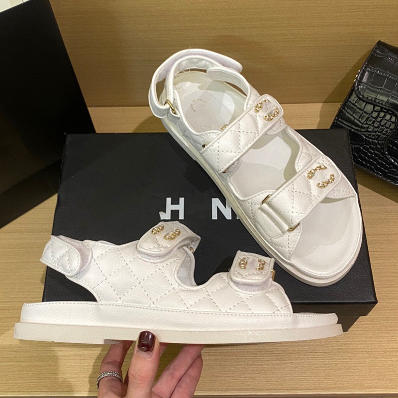 

White Black 22c Leather Mules Sandals Strap Flats Printed Dad Hook and loop beach shoes imported sheepskin lining size 35-42 with Box