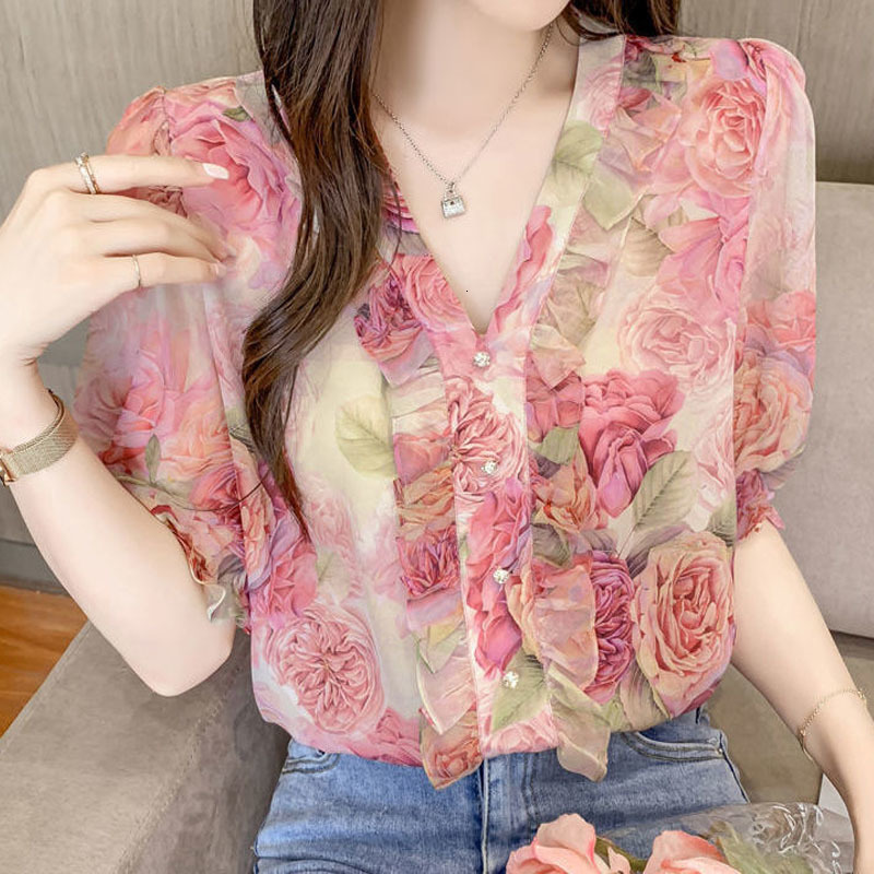 

Women's Blouses Shirts Floral Print Elegant V-Neck Chiffon Blouses Fashion Folds Short Sleeve Button Pullovers Shirt Summer Casual Women's Clothes 230410, Pink