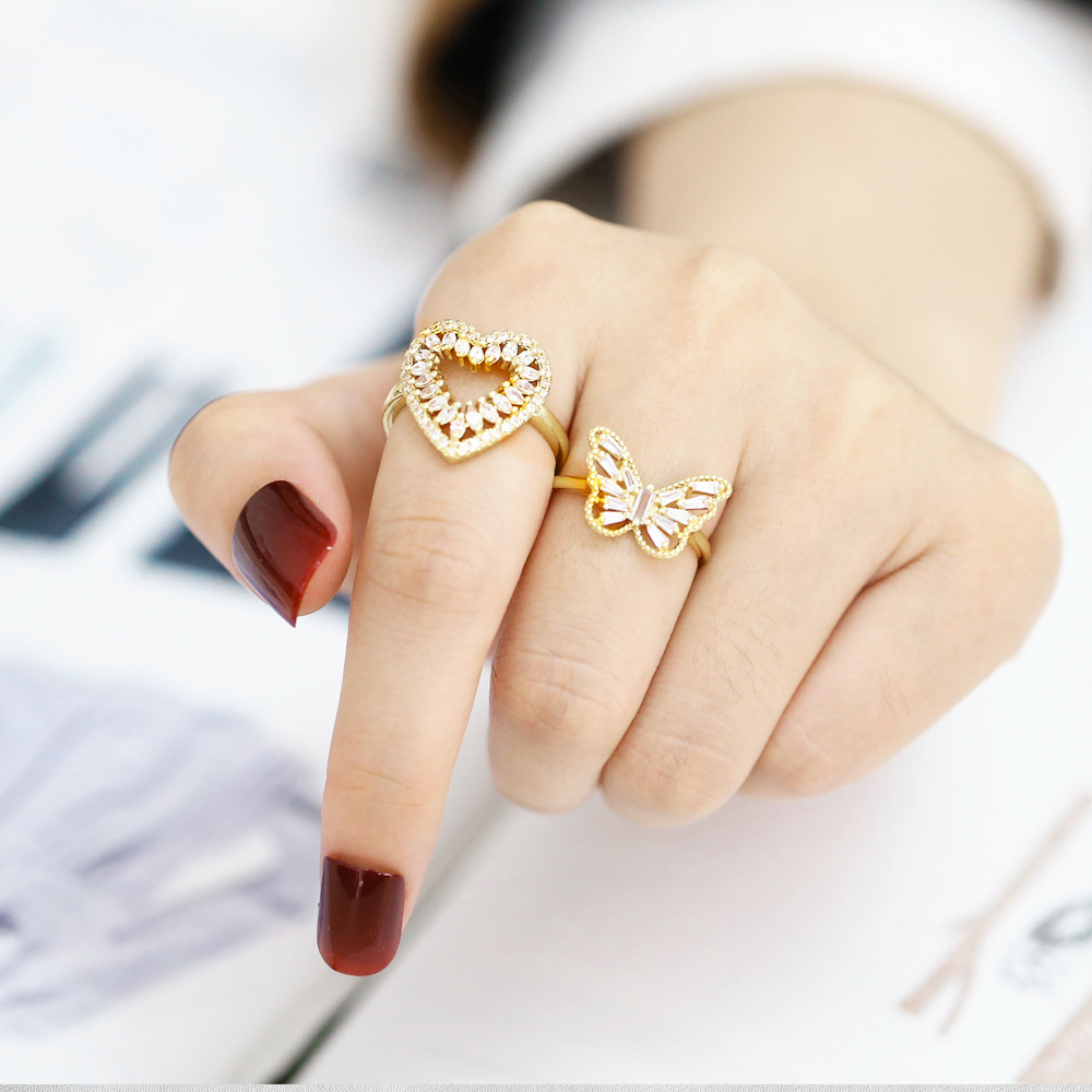 

Rings for women designer jewelry European and American popular rainbow jewelry double layer open ring copper plated real gold zircon ring joint ring