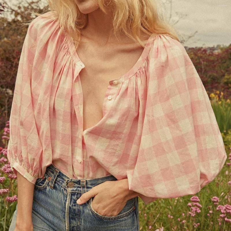 

Women' Blouses 2023 Women Fashion Pink Button Up Shirts Plaid Straight Casual Top Puff Sleeve Sweet Boho T Autumn Retro