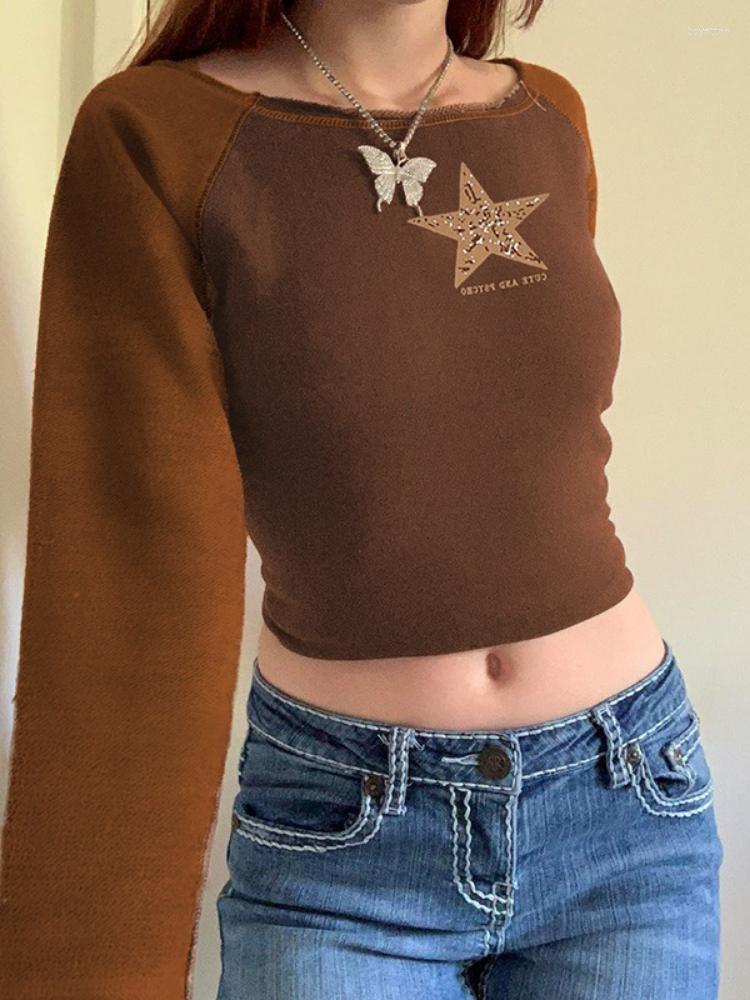 

Women' T Shirts Y2k Harajuku Print Star Graphic Shirt Women Clothes Korean Style Streetwear Grunge Aesthetic Autumn Tee Femme Gothic, Brown