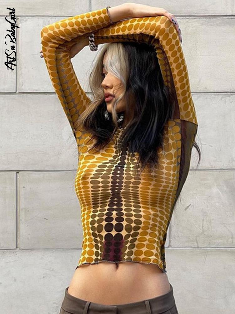 

Women  T Shirt Y2K Top Long Sleeve T Shirt Dot Print Graphic Tees Autumn Winter Clothes Streetwear O Neck Bodycon Yellow Crop 220410, Dark grey