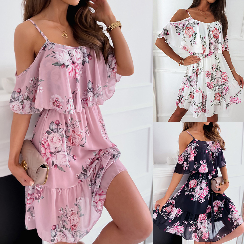 

Casual Dresses Women Floral Print Summer Sexy Off Shoulder Ruffle Short Sleeve Vestidos Elegant Spaghetti Strap 230410, Pink