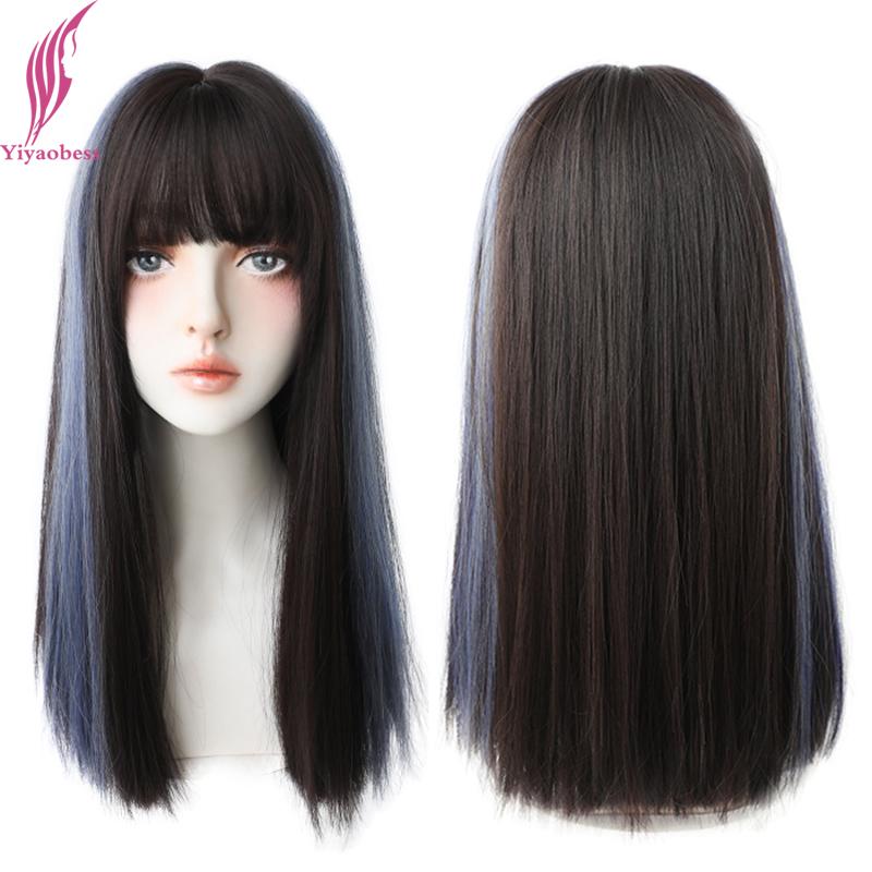 

Synthetic Wigs Yiyaobess Highlights Blue Pink Ombre Long Straight Wig With Bangs Natural Hair Cosplay For Women High Temperature, Black pink