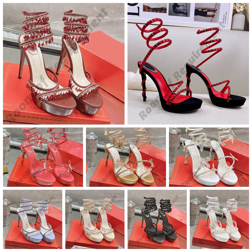 

MARGOT CRYSTAL Sandal PLATFORM snake twining elegant Sandals stiletto High heel RENE CAOVILLA crystal Gold rhinestone dress shoes Silver soles women summer Pumps, 14