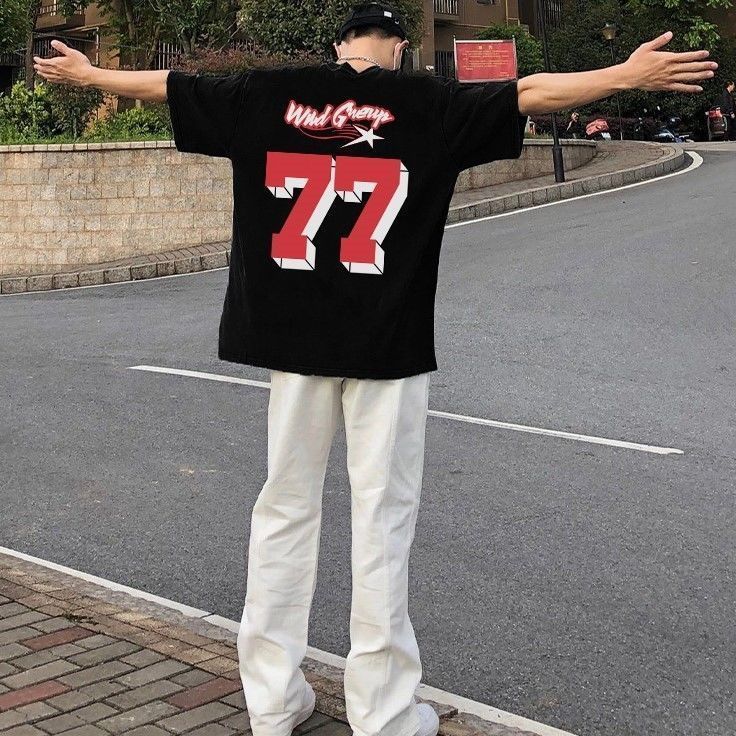 

Men' T-Shirts European and American hip-hop 77 digital graphic T-shirt Short Sleeve Men Women Fashion Summer Street Loose Couple Top 230410, Black