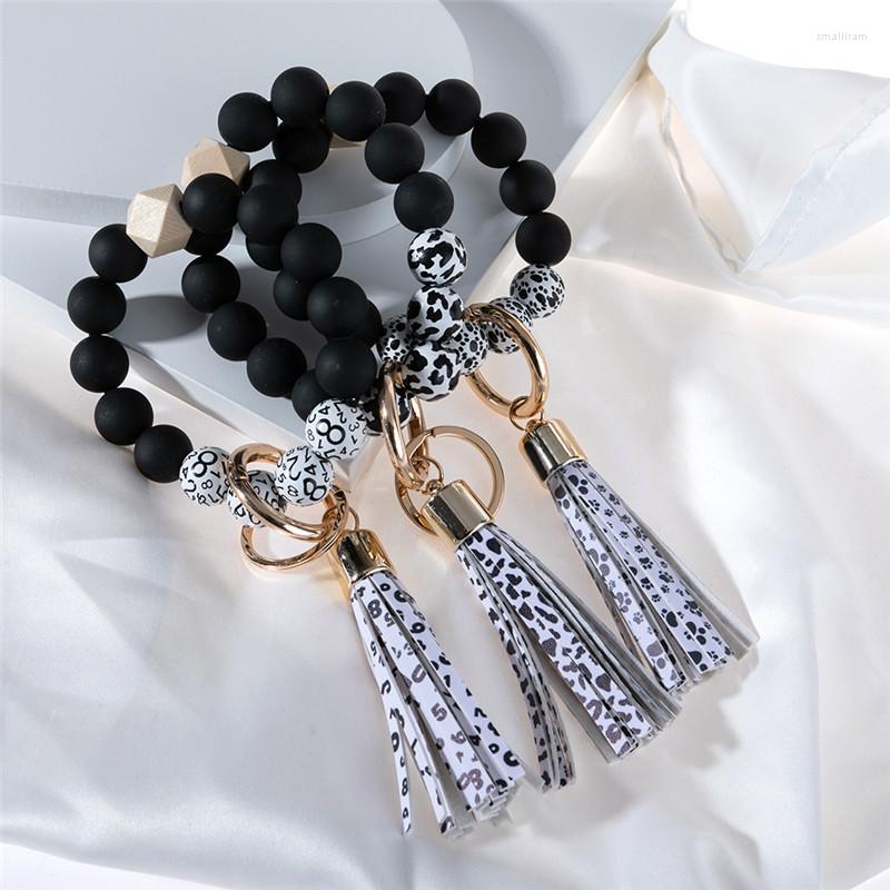 

Keychains 1pcs Keychain Wood Beads Silicone Pattern For Keys Wristlet Bracelet Pendant Keyring Women Tassel Charms Accessories