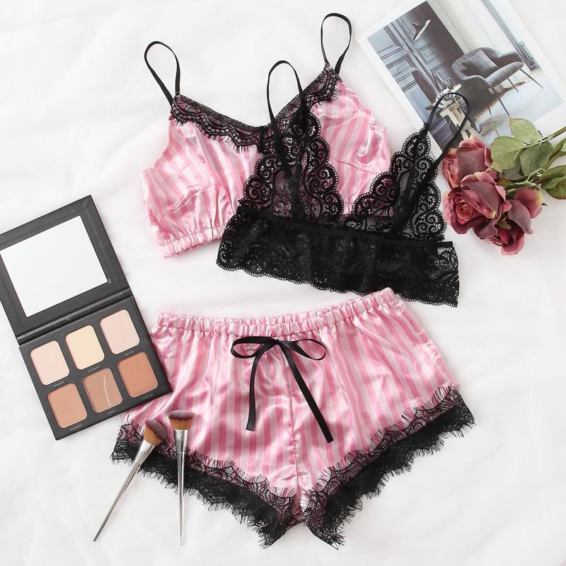 

Bras Sets 3pcs Pajama Women Lace Bra Stain Silk Camisole Pajamas Sleepwear Shorts Lingerie Set Ensemble Pyjama Femme, Pink