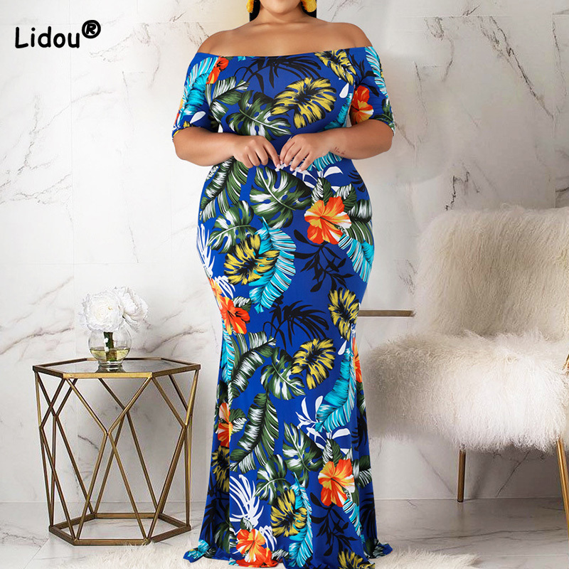 

Plus size Dresses Summer Clothes for Women Robe Femme One Word Collar Sexy Floral Leaf Printing Bag Hip Backless Size Maxi Dress Vacation 230410, Blue