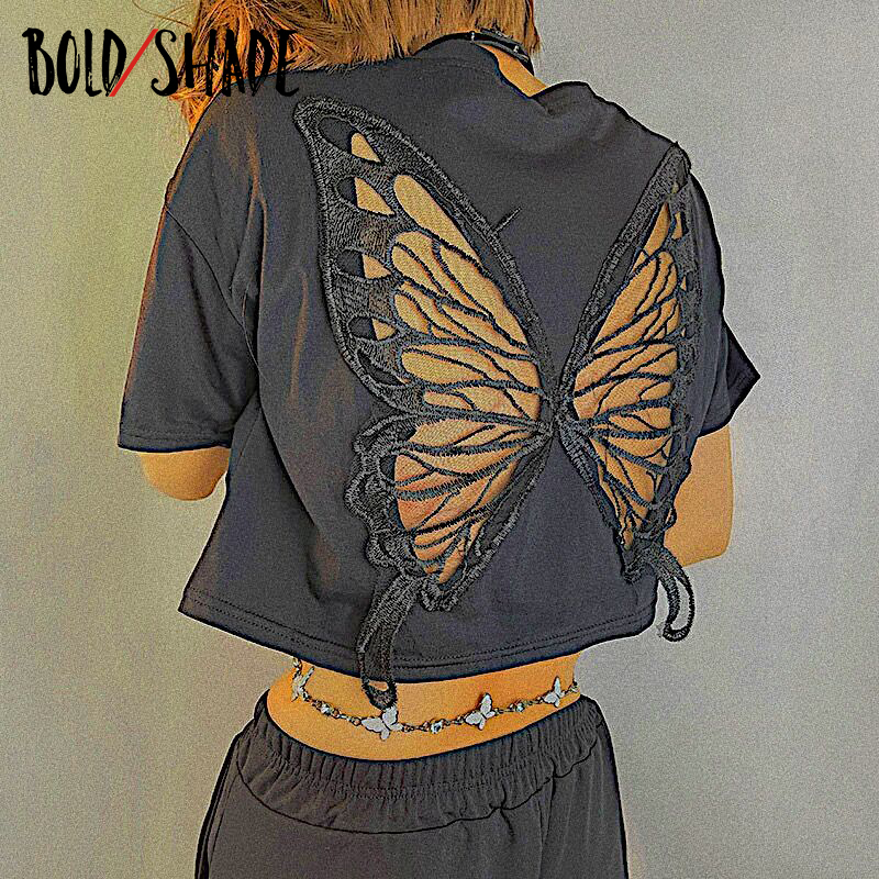 

Women s T Shirt Bold Shade Y2K Indie Aesthetic Goblincore Tee Shirts Short Sleeve Unicolor Butterfly Hollow Out Crop Tops Grunge Style Women Top 220410, Black