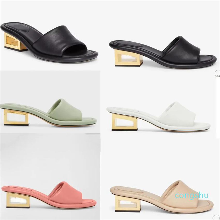 

Luxury women sandal slipper heel with Gold heel Baguette Nude Black nappa leather slides Sculptural heel F-Baguette motif comfort shoes With box 35-42, 11