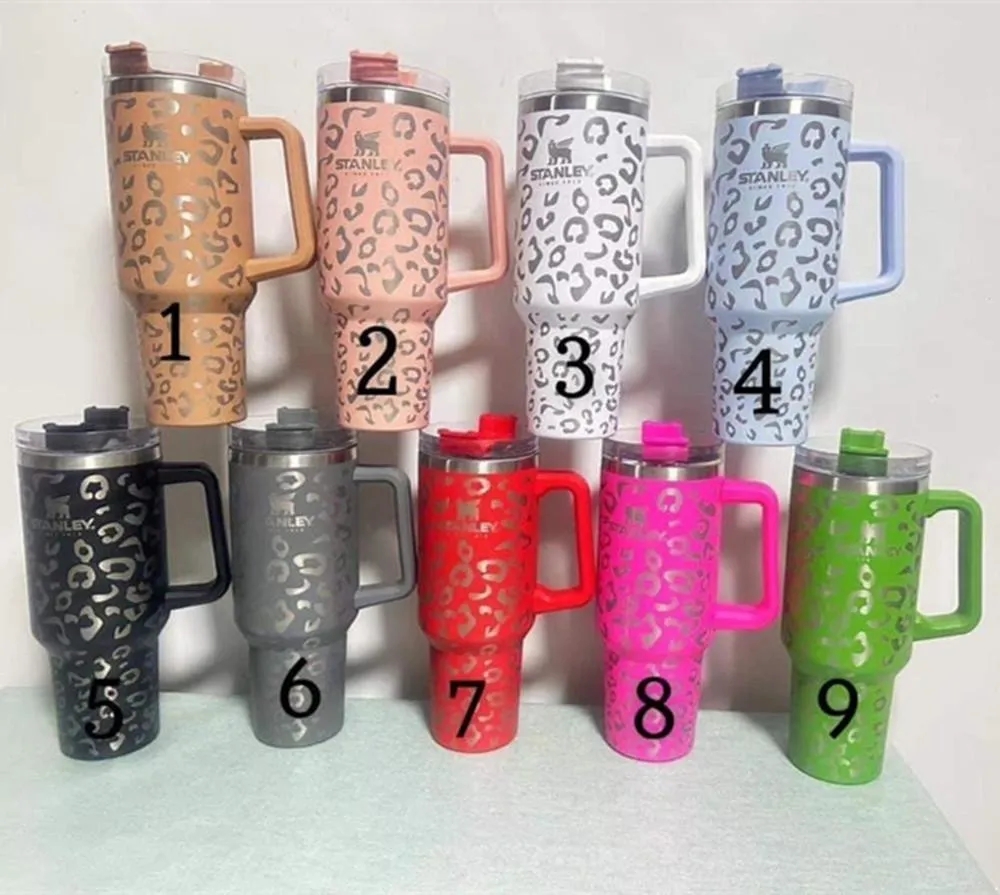 

40oz Leopard Stanley Tumbler with Handle Insulated Water Bottles With Lids Straw Stainless Steel Coffee Cups Termos Car Mugs