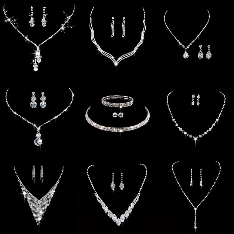 

Earrings Necklace Fashion Crystal Bride Jewelry Set Silver plated Wedding Dress Banquet Earring Ladies Gift 230410, White