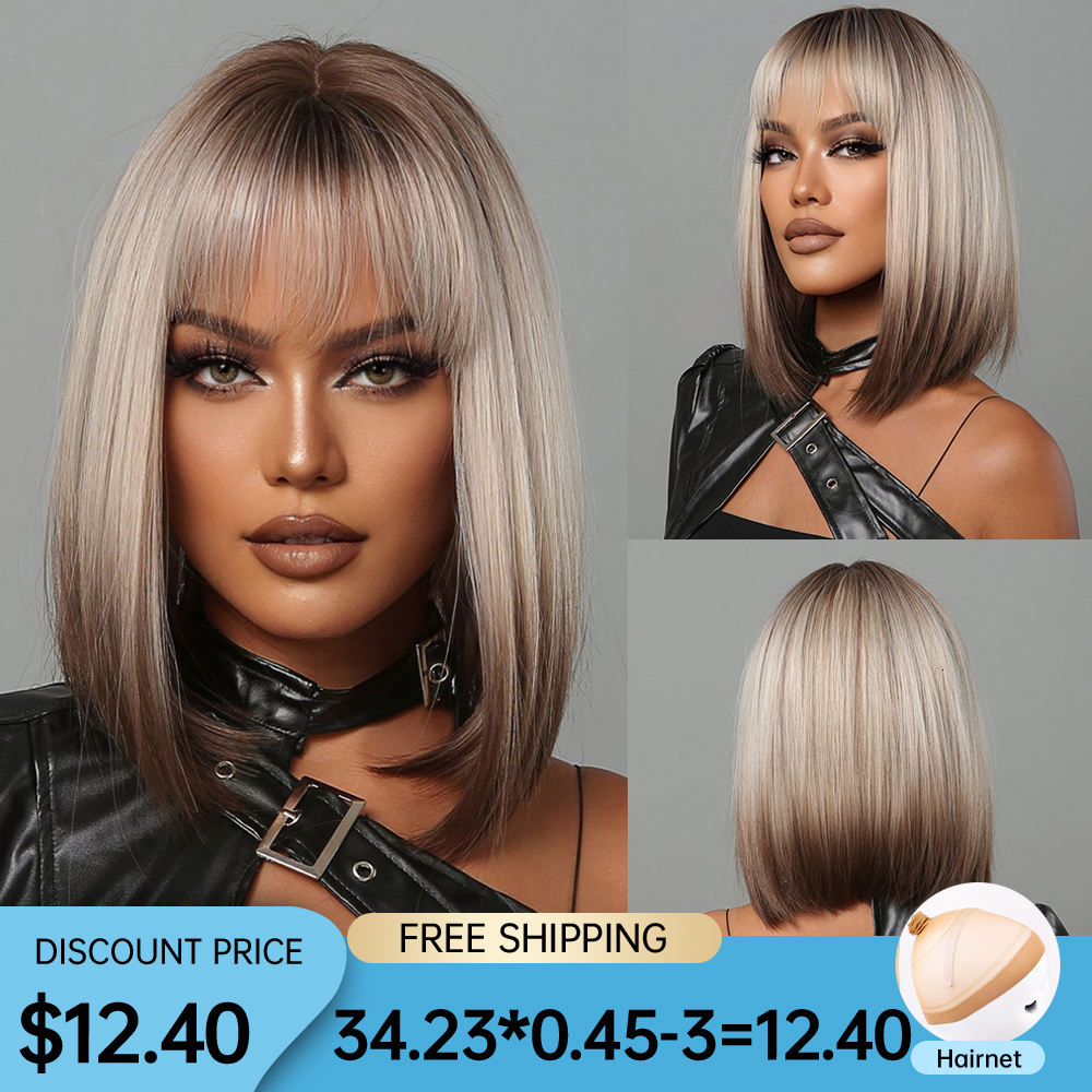 

Synthetic Wigs Short Straight for Women Blonde to Brown Ombre Bob with Bangs Daily Cosplay Party Heat Resistant Fake Hair 230410, Wig-lc2009-1