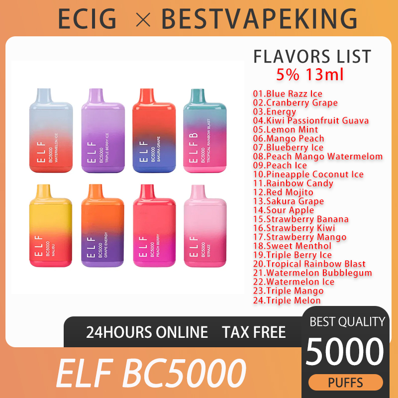 

Elf BC5000 Puffs Disposable E cigarettes Puffs 5000 Vape Pen 13ml Mesh Coil Cartridge Pods 650mAh Rechargeable Battery Vs Lost Marry Bar 5000 Puffs