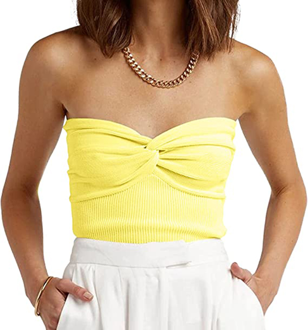 

Womens Strapless Crop Top Sweetheart Neck Ribbed Knit Twisted Knot Front Sleeveless Y2K CamisoleTanks Top