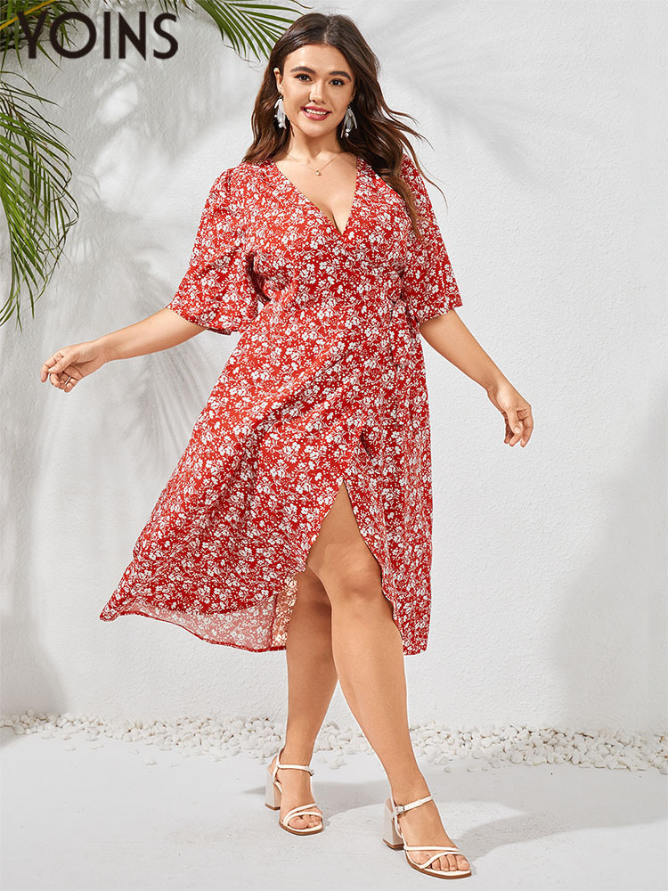 

Plus size Dresses YOINS Size Bohemian Floral Print Midi Dress 2023 Summer Women Short Sleeve Party Vestidos V Neck Casual Wrap Slit Long Robe 230410, Red7