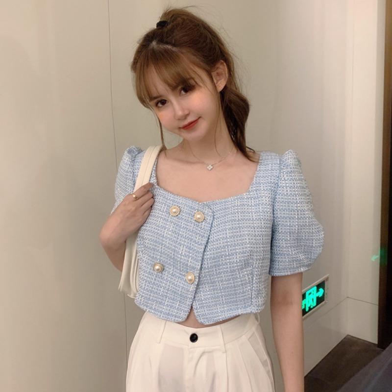 

Women's Jackets Double Breasted Pearls Button Luxury Tweed Plaid Crop Top Short Blouse Korean Short-Sleeved Summer Ladies Vintage Cropped, Blue